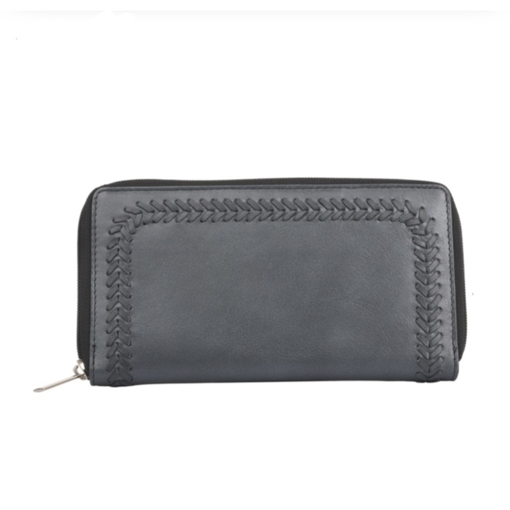 Black Women’s Genuine Leather RFID Zip Around Wallet withh Decorative Edge